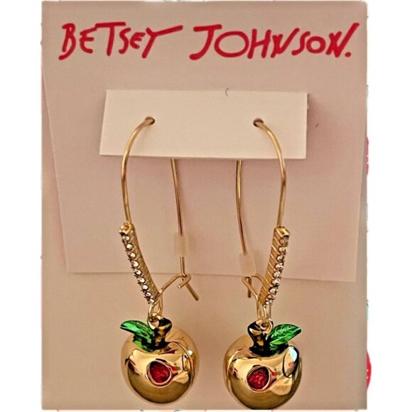 Betsey Johnson Gold Metal Apples Crystal Accent Shepherd Hook Dangle Earrings - Picture 2 of 3